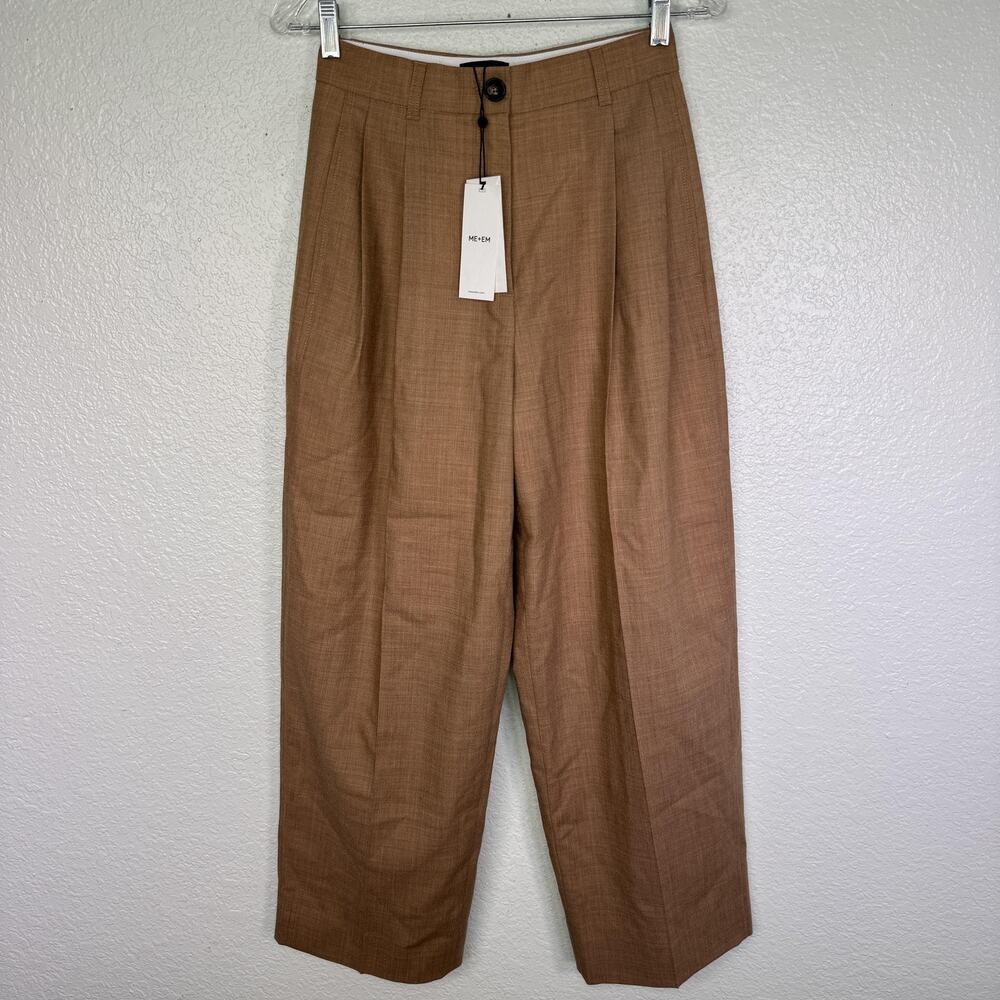ME+EM Pants Womens 0 Short Pleat Front Trouser Wool Wide Leg Biscuit Tan 4S UK